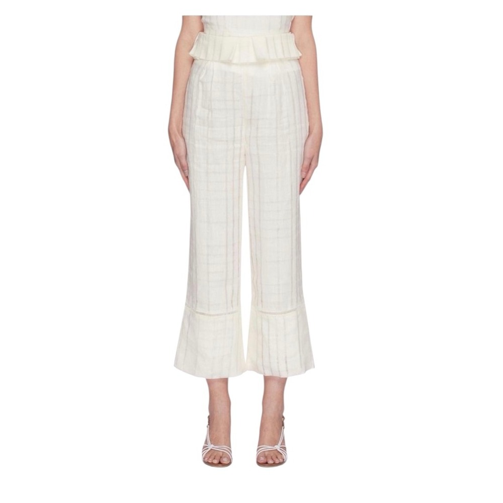 Cult Gaia Elle Grid Linen Pants Ruffle High Waist Wide Leg Cropped Ivory Size S
